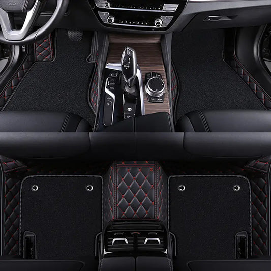 BLACK & RED STITCHING BASE WITH BLACK CARPET DOUBLE LAYER CAR FLOOR MAT