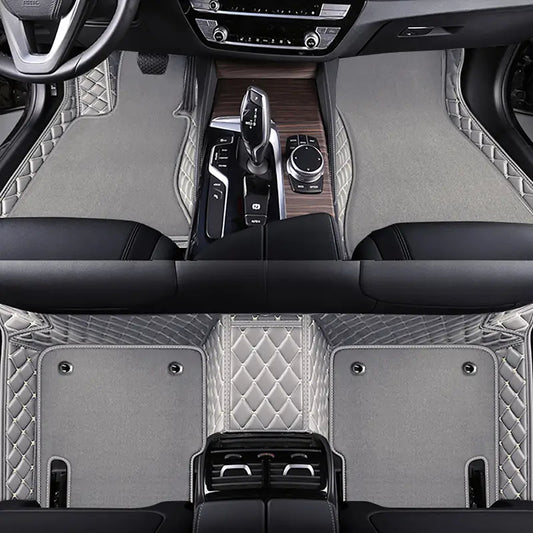 LIGHT GREY & WHITE STITCHING BASE WITH GREY CARPET DOUBLE LAYER CAR FLOOR MAT